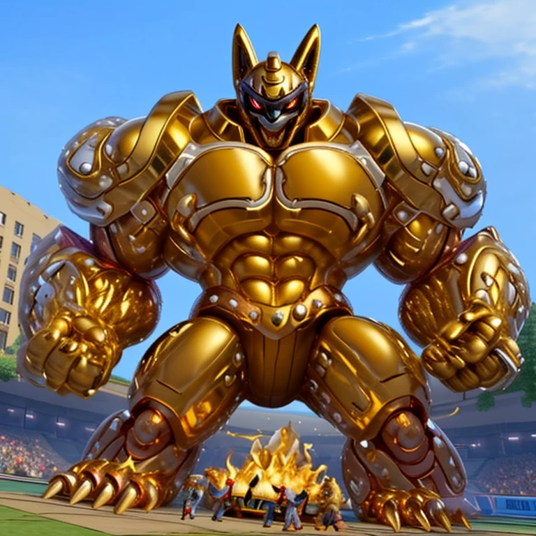 (Solo. masterpiece. official art. 8k. best quality. detailed full body. full body.)
(situation 1 : dominating Shiny_Mega_Lucario. focus GIANT mechanical Muscular Shiny_Mega_Lucario is trampling the CITY. macro. stomp. Low-angle perspective. emphasizing the immense size. The perspective is from below, emphasizing the sheer majesty and power of the Giant. giant art. He is much bigger than a skyscraper. Giga Giants. micro soccer field. looking down.)

(situation 2 :smoke and flames rising from the destruction in the city)
(Additional details 1: wearing a full-face helmet. golden armor. high-tech bio-mecha armor. real texture material. Armored_Flazzard).

(Additional details 2: (Detailed head. Detailed Body. Detailed abs. gigantic muscles. HYPER MUSCLES. Gigachad Muscular. big muscle. pecs. triceps. traps. unusually developed muscular body. body full of huge muscles. showing off muscles. pectorales enormes. Exaggeratedly huge muscles. huge muscles. long legs.).

(Additional details 3: nj5furry, Spread wings. It has wings. golden have big wings. The claws are sharp. Sharp teeth.). 