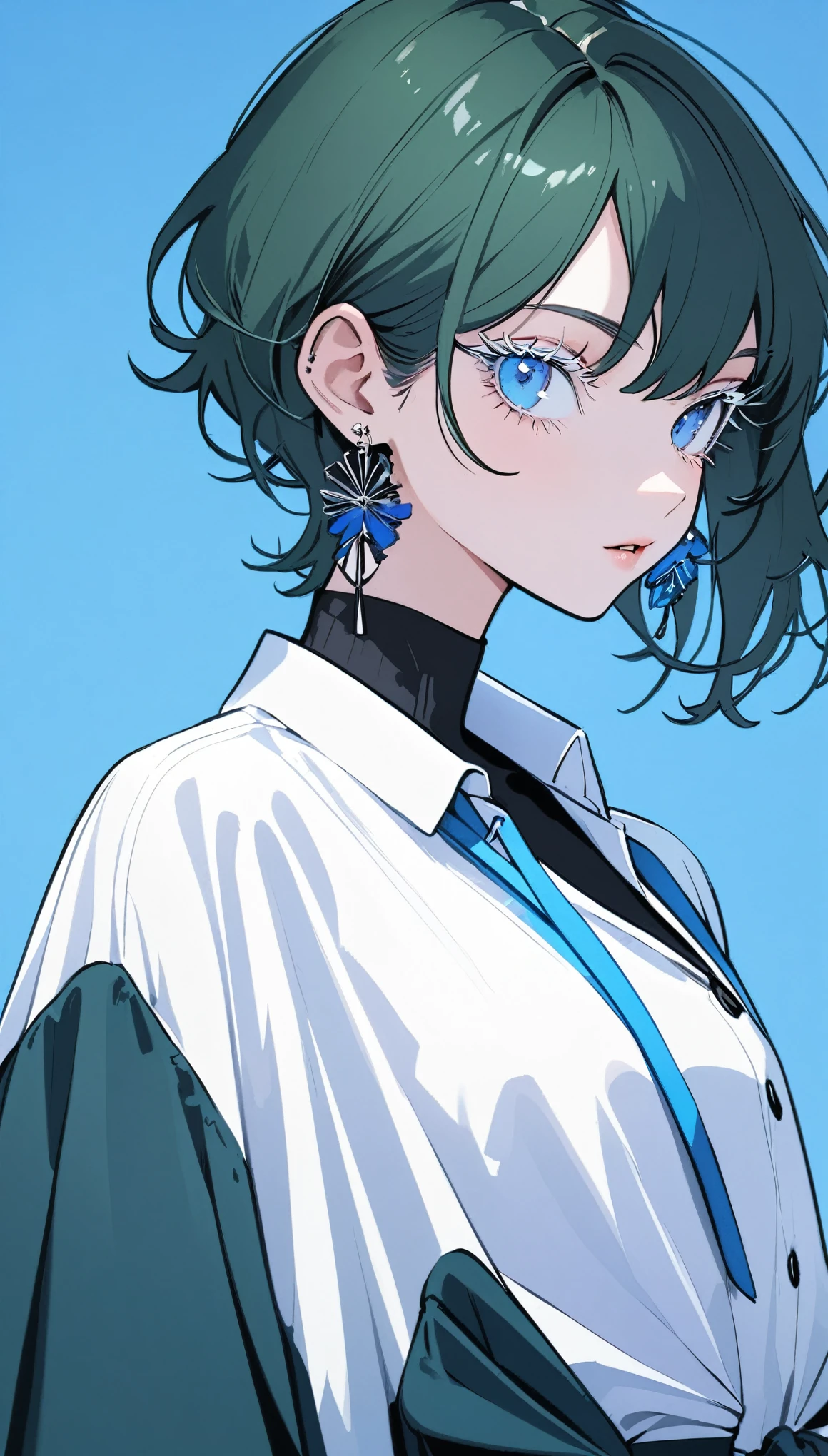 The Minimalists,Fashion Girl,Dark green hair,Blue Background,Wearing special earrings,Clear eyelashes,Bright blue eyes