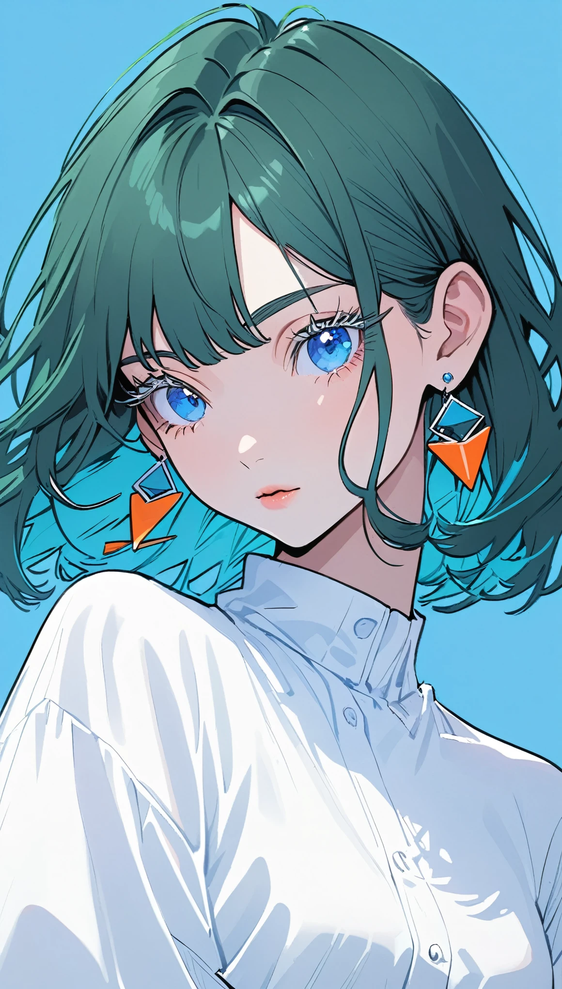 The Minimalists，Fashion Girl，Dark green hair，Blue Background，Wearing special earrings，Clear eyelashes，Bright blue eyes