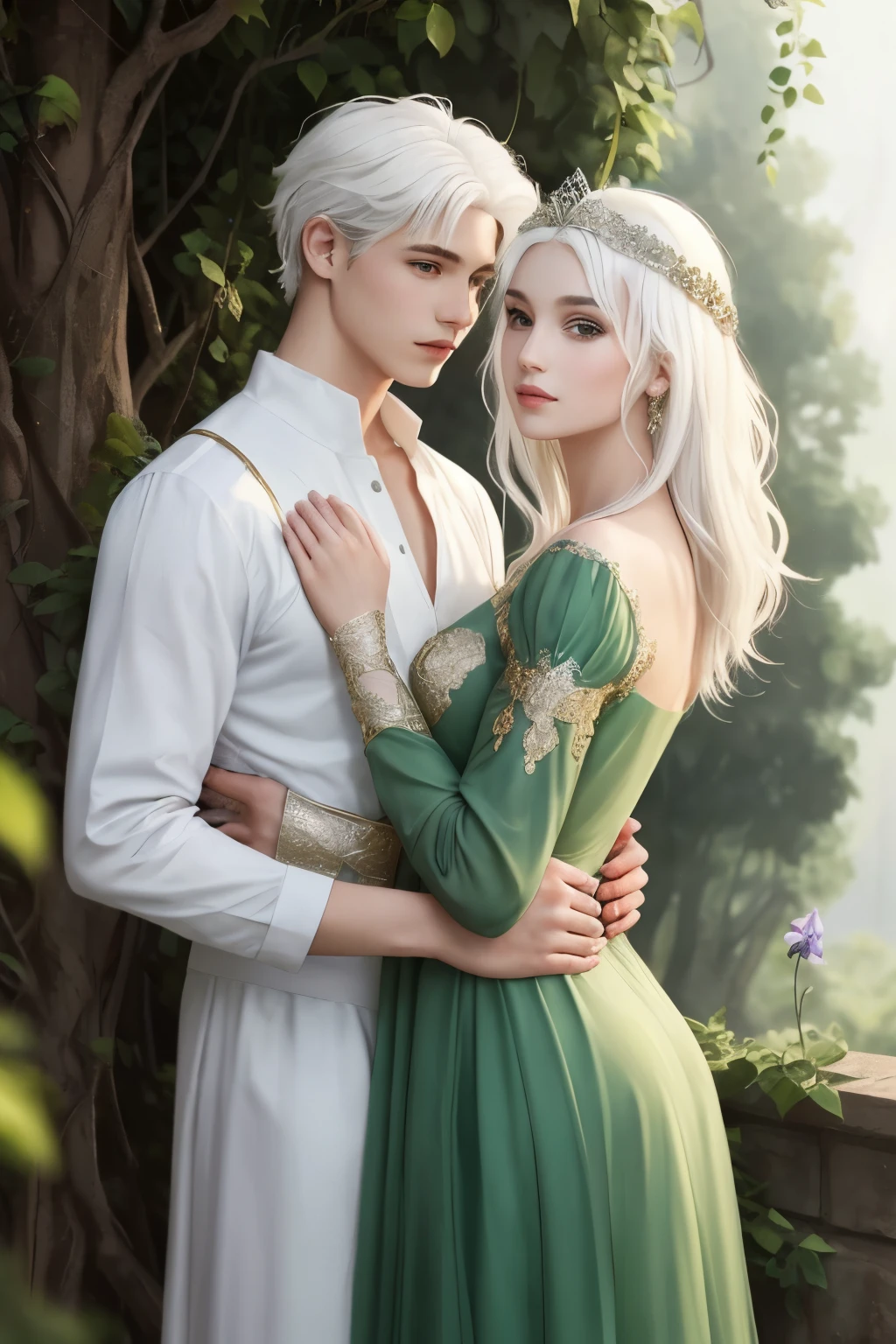 Two characters, Princess, white hair, elegant green dress, dreamy, fantasy, romance, and a youth majestic male on her side wearing contemporary plain clothes. 