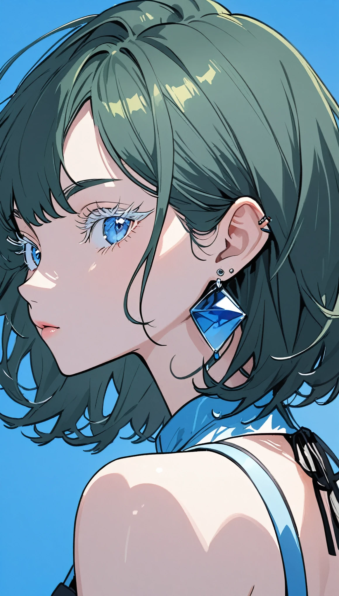 The Minimalists,Fashion Girl,Dark green hair,Blue Background,Wearing special earrings,Clear eyelashes,Bright blue eyes
