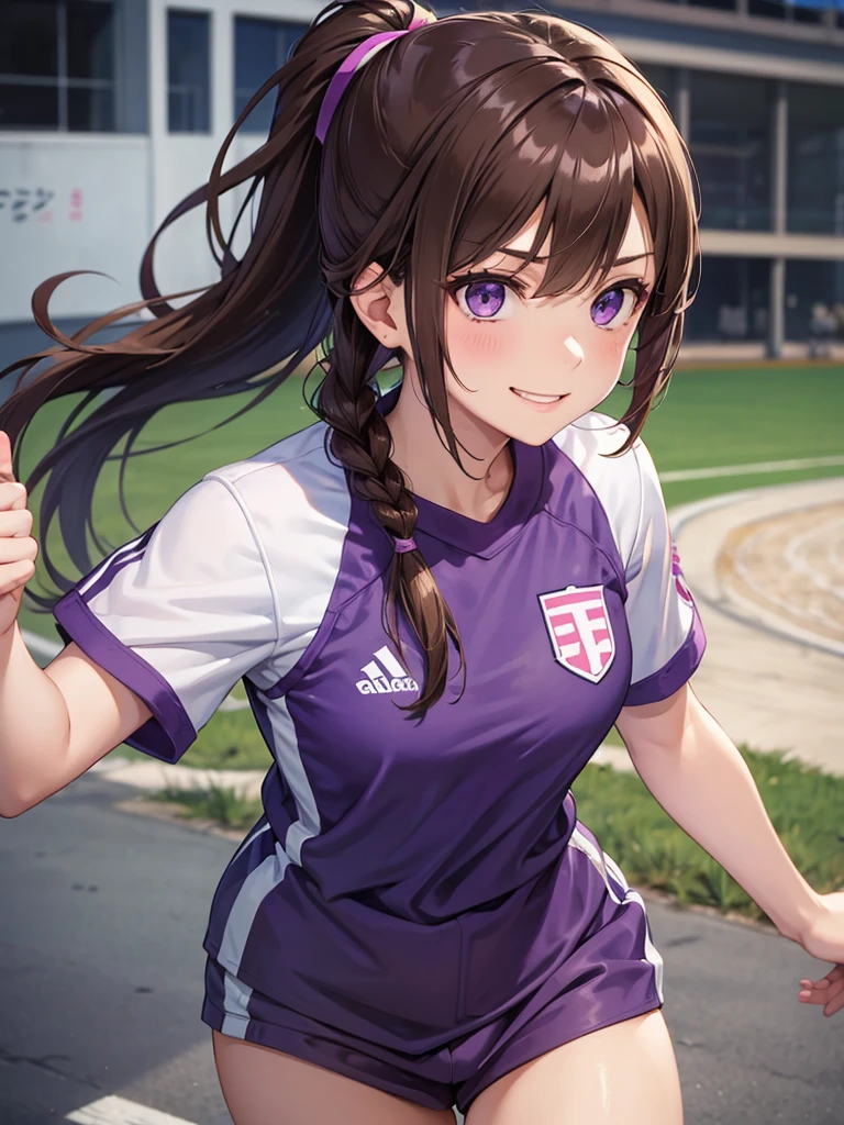 girl, brown hair tied in two, purple eyes, wear uniform, her hair is tied. strong girl, smile glare, intrepid, sports uniform, domination type, her hair is tied in two ponytails