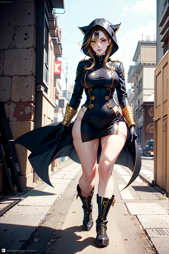 Create a beautiful woman, with face of Melina Juergens, Waist slender, dressed in steampunk fox-like uniform, hood on your head, long adamantium boots with blades on the feet, yellow  eyes, Bblack hair, pale skin, Marvel superhero style, appearing full body in the image, 8K, best qualityer.