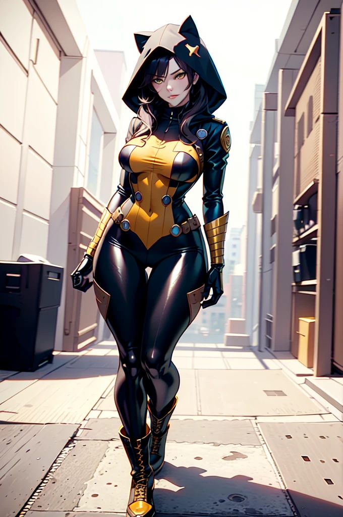 Create a beautiful woman, with face of Melina Juergens, Waist slender, dressed in steampunk fox-like uniform, hood on your head, long adamantium boots with blades on the feet, yellow eyes, Bblack hair, pale skin, Marvel superhero style, appearing full body in the image, 8K, best qualityer.
