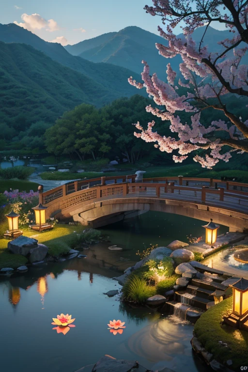 Top view of A beautiful detailed peach blossom garden in ancient China, lush peach trees in full bloom, intricate stone bridges, serene ponds with lotus flowers, exquisite traditional Chinese architecture, ancient scholars strolling through the garden, (best quality,4k,8k,highres,masterpiece:1.2),ultra-detailed,(realistic,photorealistic,photo-realistic:1.37),HDR,UHD,studio lighting,ultra-fine painting,sharp focus,physically-based rendering,extreme detail description,professional,vivid colors,bokeh,landscape,intricate details,cinematic lighting,warm color palette