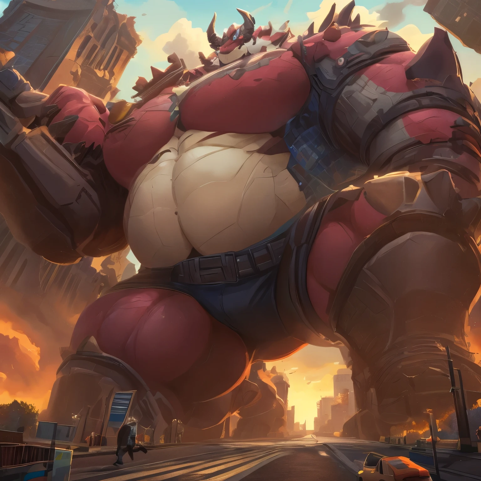 The as big as a building Exoskeleton Dragon in the modern city,Exoskeleton Dragon(massive:3.0,Big Muscle:1.1(red and grey,heavyweight,strong,macro,Emphasize huge size, Stepping on the ruins)),background((the collapse building,raising little spoke,the little sparks,the rift in the road)),low angle perspective