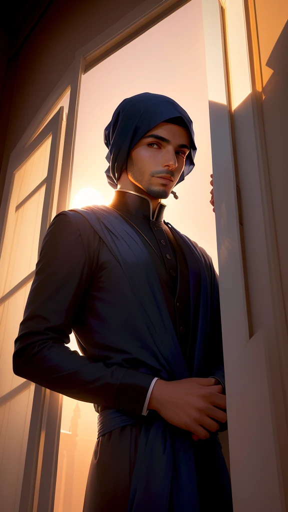 homme arafée regardant par la fenêtre au coucher du soleil, portrait atmosphérique, par Youssef Howayek, Silhouette de l’homme, tourné avec Sony Alpha, silhouette d'un homme, tourné avec le canon eoa 6 d mark ii, Photo réelle d’un homme syrien, photo mélancolique de fin de soirée, par Emmanuel Lubezki, scène faiblement éclairée