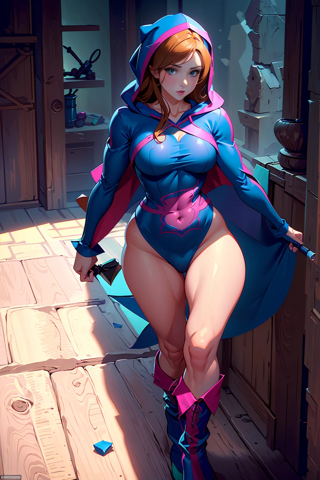 A sexy woman, medium breasts, athletic body, russet hair, green eyes purple cape with hood pink dress with blue knife high boots Maron nsfw, full body in the image, 8K, best qualityer.