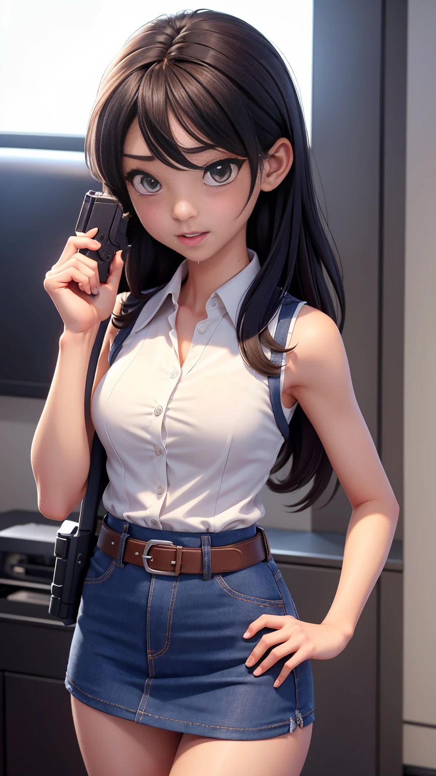 sexy, 灰色の目とsexyなポーズのスリムな女性, Dressed in a super mini skirt,Wear a sleeveless collared shirt,Put a gun belt on your waist,Crying hard