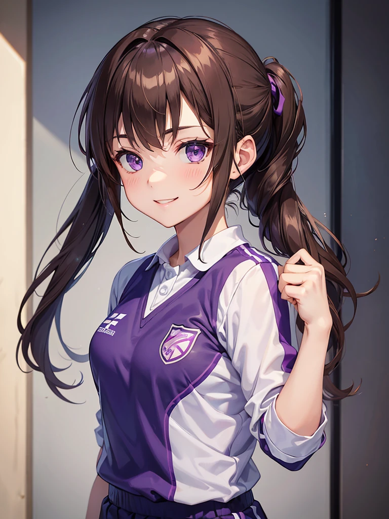 girl, brown hair tied in two, purple eyes, wear uniform, her hair is tied. strong girl, smile glare, intrepid, sports uniform, domination type, her hair is tied in two ponytails, girl who loves sports, intrepid, sadistic smile, punch, thug, playing tenis