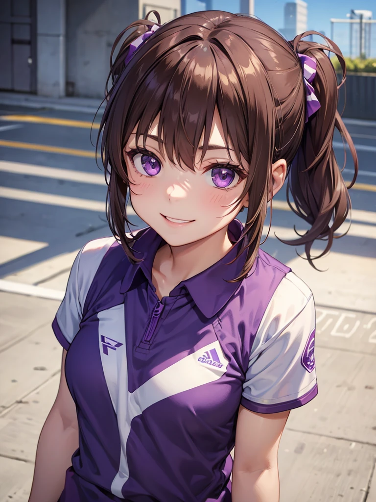 girl, brown hair tied in two, purple eyes, wear uniform, her hair is tied. strong girl, smile glare, intrepid, sports uniform, domination type, her hair is tied in two ponytails