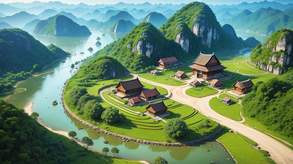 Beautiful scenery of ancient Vietnamese village. Aerial view, Photorealistic photos, High definition, 8K