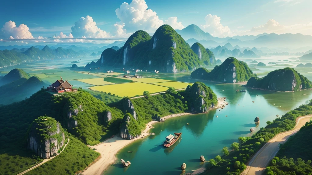 Beautiful scenery of ancient Vietnamese village. Aerial view, Photorealistic photos, High definition, 8K