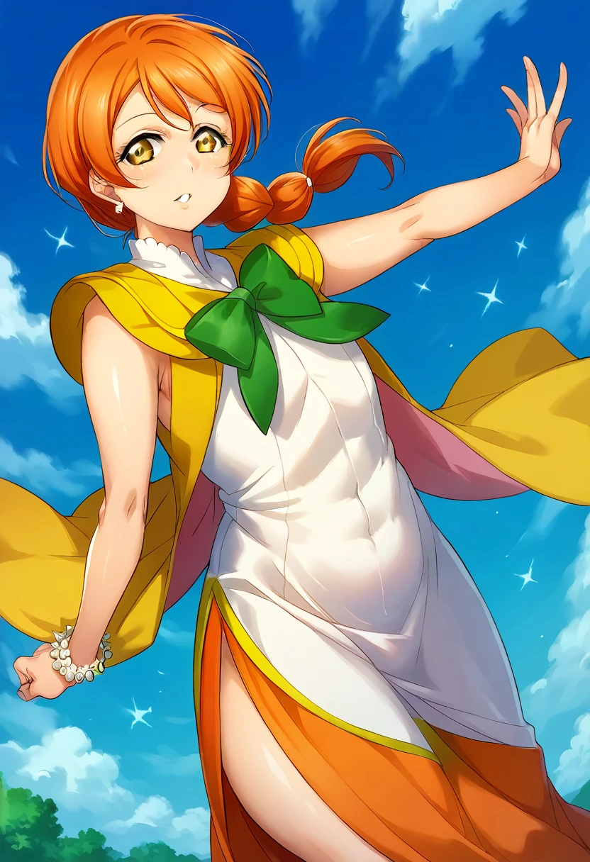 (​best quality,highres,masterpiece),solo, realistic art,Hoshizora rin love live, orange hair, yellow eyes, side slit dress,Momofuki Rio Style