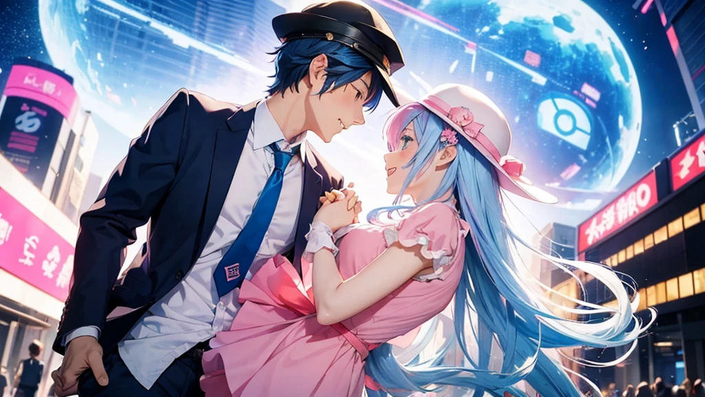 Anime style illustration with a vibrant city background similar to Shibuya. The main characters are a girl with long blue hair and blue eyes wearing a with a pink tie, and a boy with short blue hair wearing a white suit and hat. In this image, the boy and girl are holding hands and dancing together, both smiling brightly. The background remains colorful with musical notes floating around.