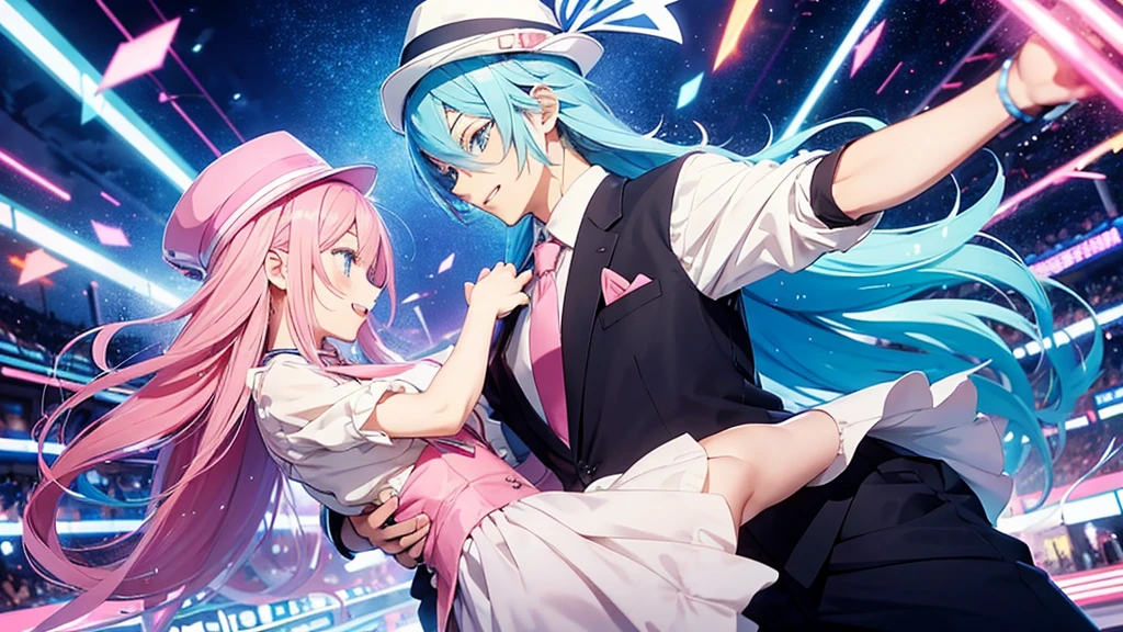Anime style illustration with a vibrant city background similar to Shibuya. The main characters are a girl with long blue hair and blue eyes wearing a with a pink tie, and a boy with short blue hair wearing a white suit and hat. In this image, the boy and girl are holding hands and dancing together, both smiling brightly. The background remains colorful with musical notes floating around.