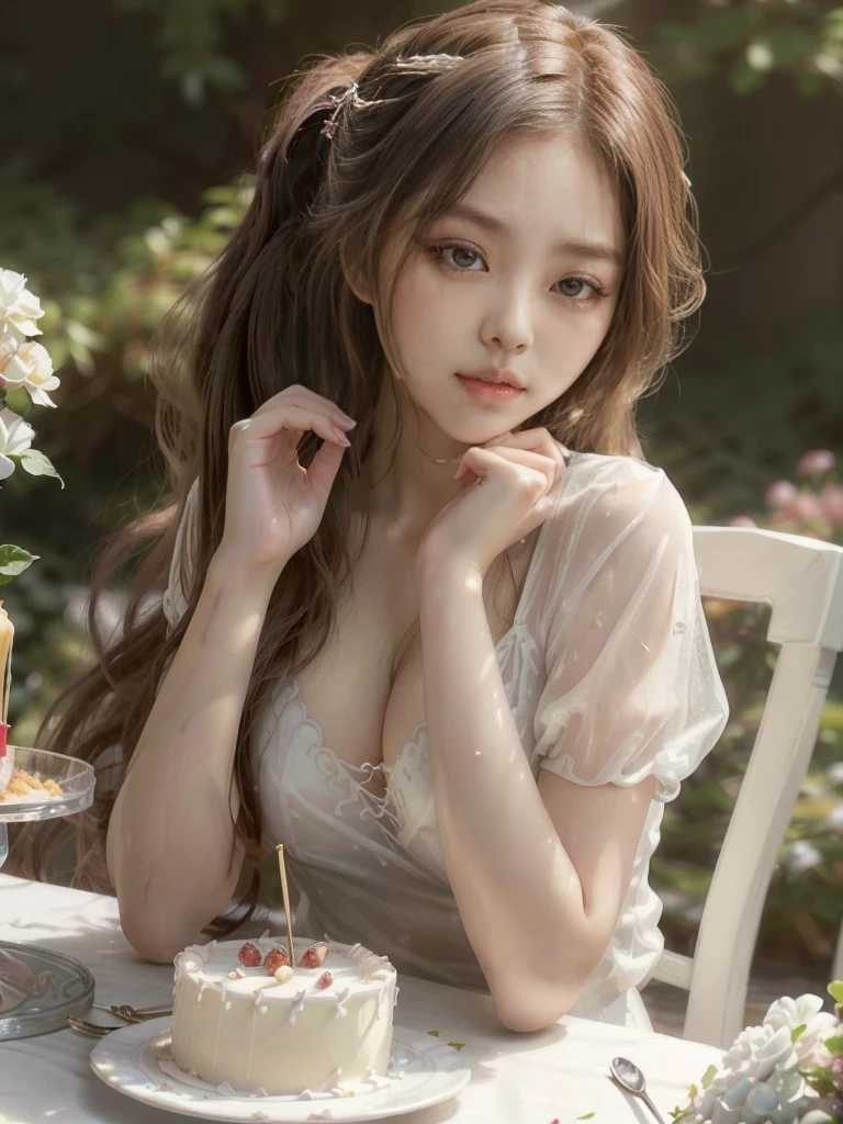 There is a sexy woman with big breasts and a transparent deep neckline sitting at a table with a cake and a spoon in her hand, long hair tied in a ponytail, young and cute girl, a stunning young ethereal figure, cute young girl, ulzzang, Beautiful young, ethereal beauty, a cute young woman, cute young woman, white hime cut hairstyle, korean girl, with long hair and piercing eyes, realistic painting cute girl, beautiful delicate face