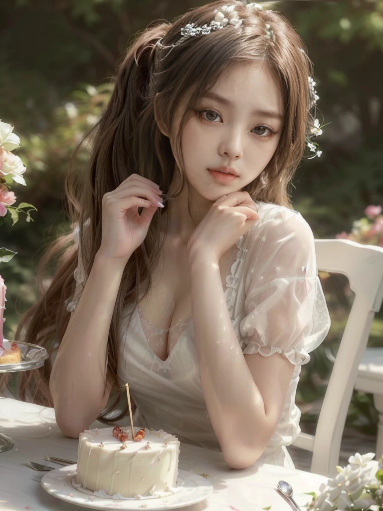 There is a sexy woman with big breasts and a transparent deep neckline sitting at a table with a cake and a spoon in her hand, long hair tied in a ponytail, young and cute girl, a stunning young ethereal figure, cute young girl, ulzzang, Beautiful young, ethereal beauty, a cute young woman, cute young woman, white hime cut hairstyle, korean girl, with long hair and piercing eyes, realistic painting cute girl, beautiful delicate face