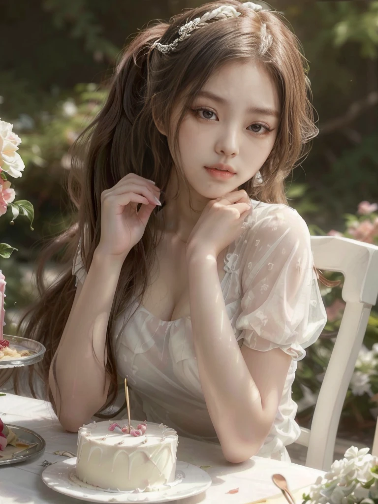 There is a sexy woman with big breasts and a transparent deep neckline sitting at a table with a cake and a spoon in her hand, long hair tied in a ponytail, young and cute girl, a stunning young ethereal figure, cute young girl, ulzzang, Beautiful young, ethereal beauty, a cute young woman, cute young woman, white hime cut hairstyle, korean girl, with long hair and piercing eyes, realistic painting cute girl, beautiful delicate face