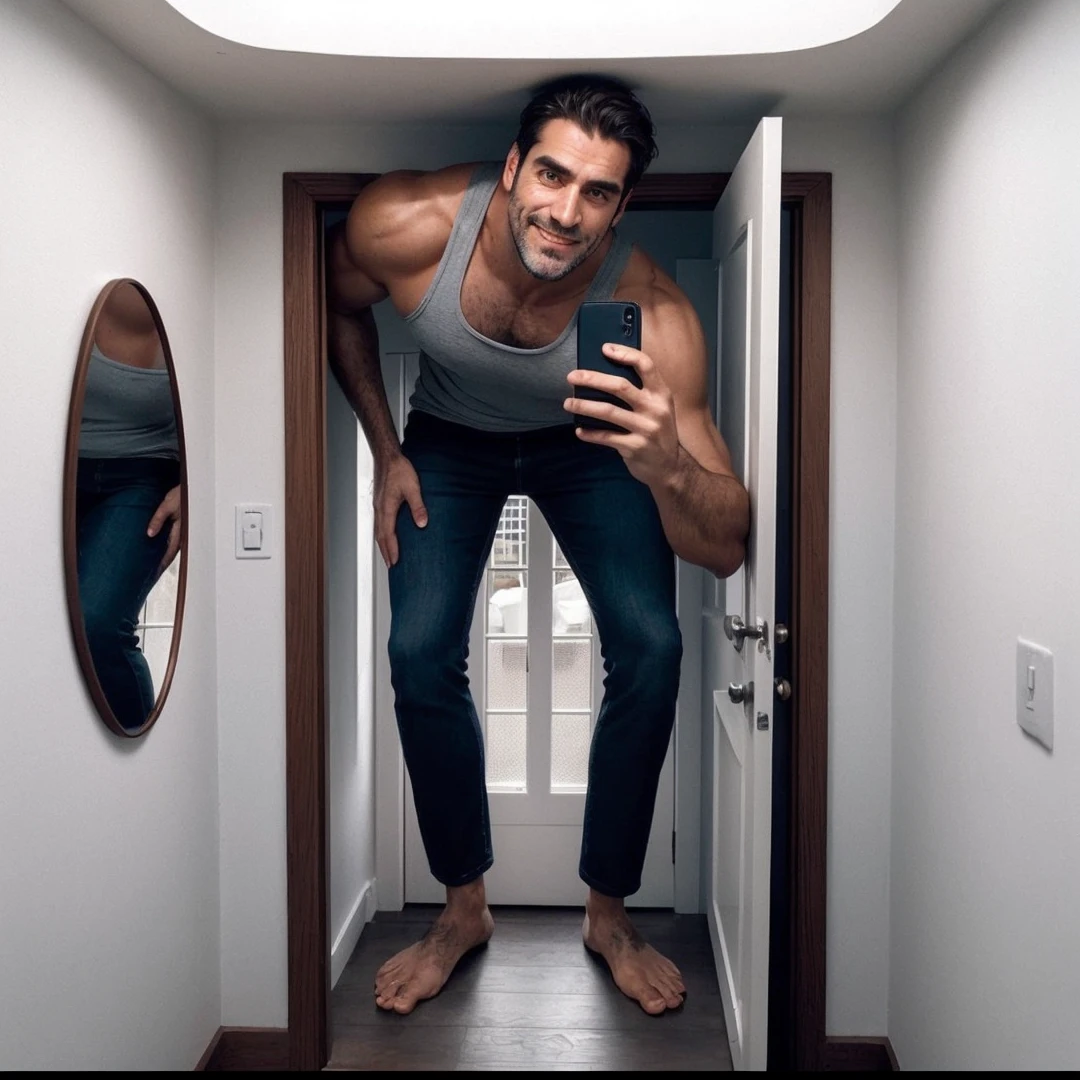A giant Spanish man with grey tanktop takes a selfie in a tiny house