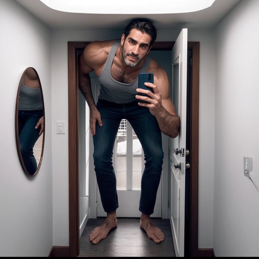 A giant Spanish man with grey tanktop takes a selfie in a tiny house