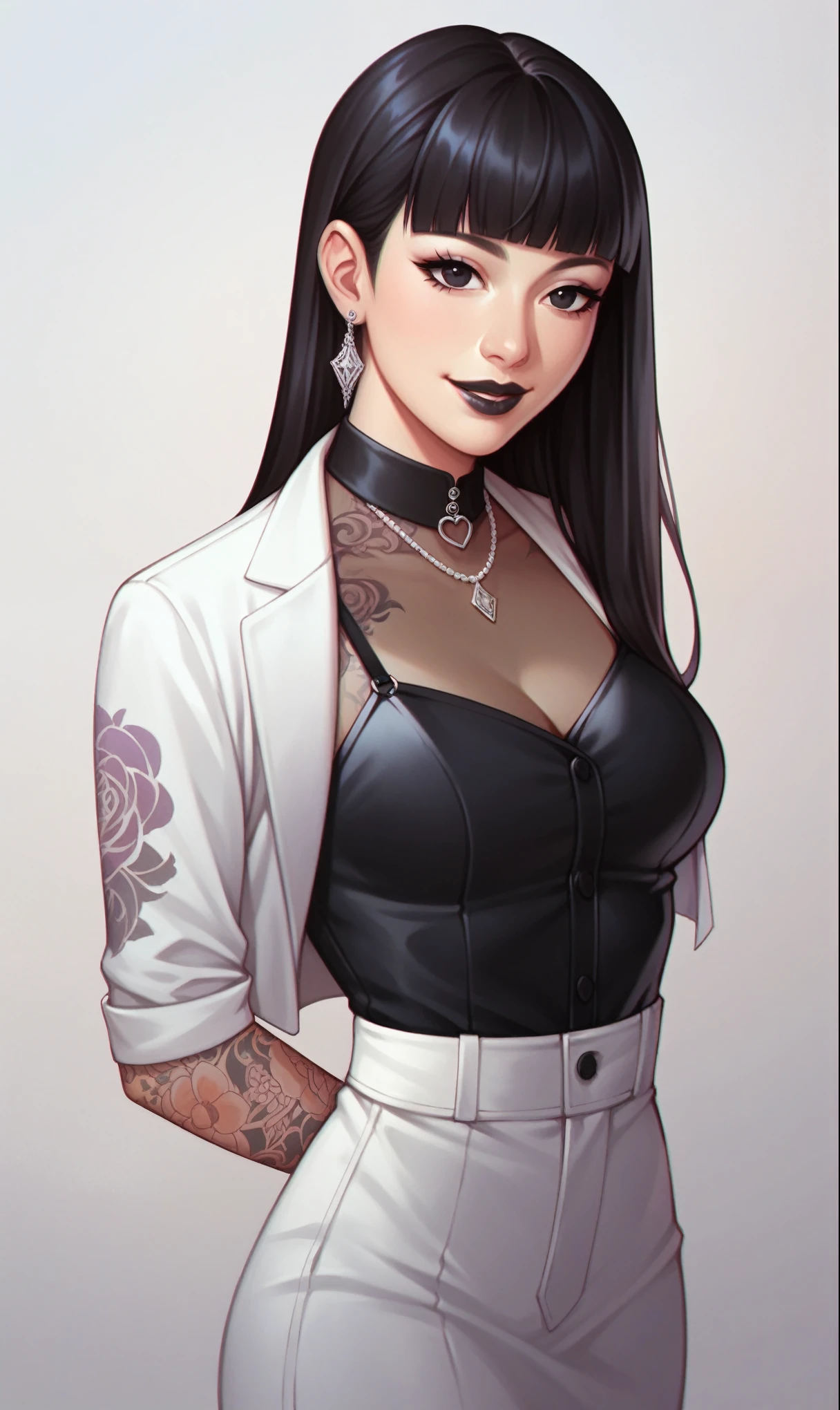 score_9, score_8_up, score_7_up,  1girl, simplified background, Asian, mafia business outfit, , sunny, lovely, hime cut hair, gentle smile, black lips, black eyes, tattoos
