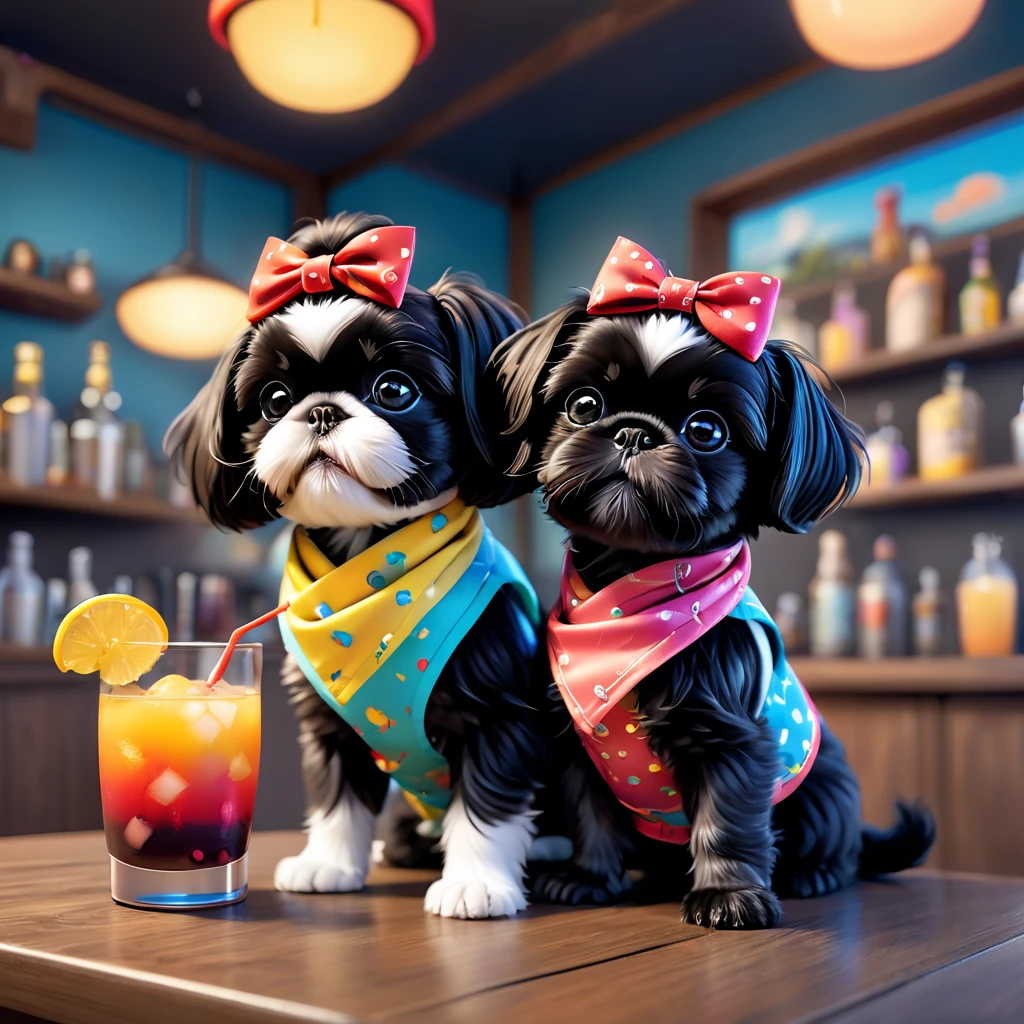 Two adorable little black shih tzu puppies, Wearing bright bandanas and goggles, sky diving, Disney Background, 3D Comics, 3D Rendering, Disney-Pixar Style, Surreal, 8K, Very detailed, Vibrant colors, cute, Playful, Fluffy fur, Adorable expression, Dynamic pose, Realistic, Studio Lighting, Perfect texture, Structure of the film, masterpiece、A bartender cat in a stylish vest and bow tie mixing a colorful cocktail behind the bar counter.