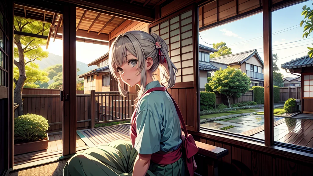 A anime character sitting in the terasse of an old japanese house, the view of her garden. summer ambient vibes. The colors are soft and pastel, with soft lighting and a nostalgic ambiance, Lo-Fi, school girl , cute girl, side view, wide view, japanese beauty, beutiful girl.