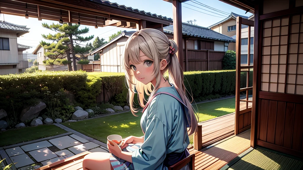 A anime character sitting in the terasse of an old japanese house, the view of her garden. summer ambient vibes. The colors are soft and pastel, with soft lighting and a nostalgic ambiance, Lo-Fi, school girl , cute girl, side view, wide view, japanese beauty, beutiful girl.