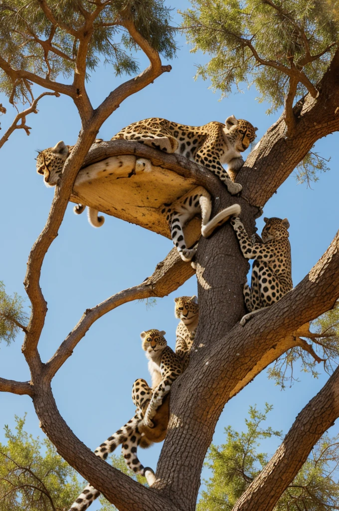 Depict animals such as monkeys, leopards, and birds climbing or perched on desert trees.
Show different stages of climbing: some animals in motion, others already resting on branches.