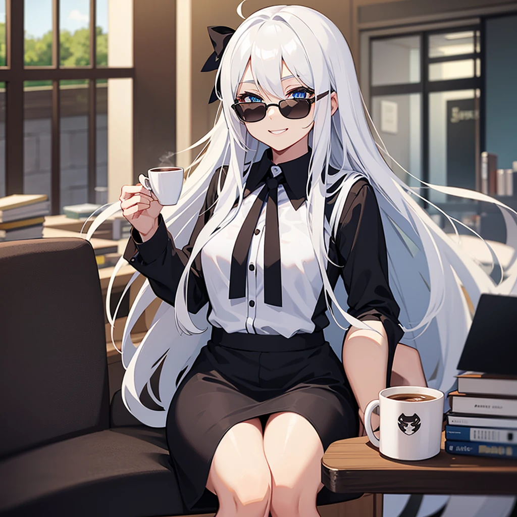 Best Quality,top-quality, drinking coffee cup in office，(animesque), bussines shirt,  sunglasses, long white hair, black ribbons , smile, blue eyes