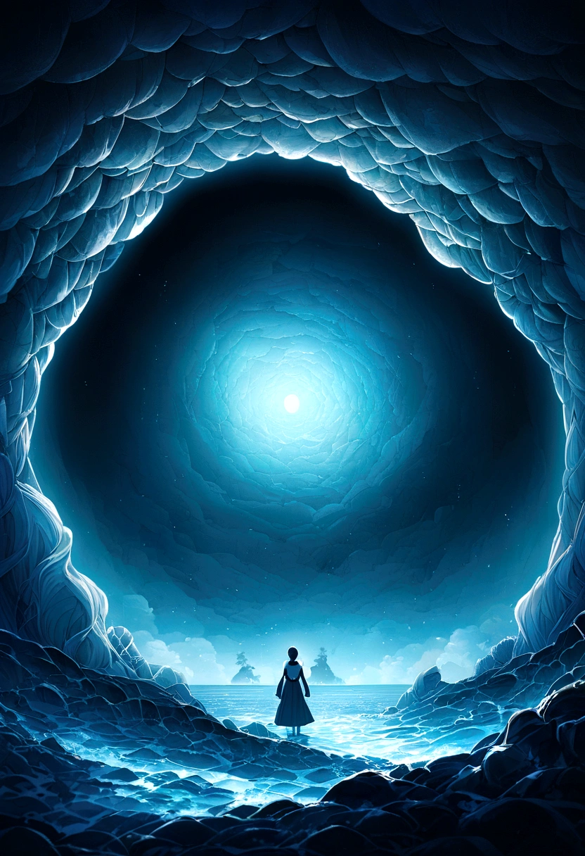 Mysterious image of the deep sea。The color is a deep blue。Sea foam is also placed in the center.。Less light。Image inside the cave
