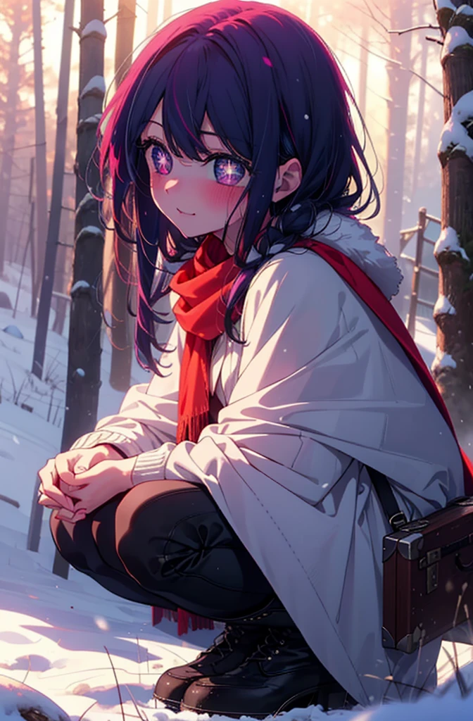 aihoshino, Ai Hoshino, Long Hair, bangs, (Purple eyes:1.1), Purple Hair, (Symbol-shaped pupil:1.5), smile,,smile,blush,White Breath,
Open your mouth,snow,Ground bonfire, Outdoor, boots, snowing, From the side, wood, suitcase, Cape, Blurred, , forest, White handbag, nature,  Squat, Mouth closed, Cape, winter, Written boundary depth, Black shoes, red Cape break looking at viewer, Upper Body, whole body, break Outdoor, forest, nature, break (masterpiece:1.2), Highest quality, High resolution, unity 8k wallpaper, (shape:0.8), (Beautiful and beautiful eyes:1.6), Highly detailed face, Perfect lighting, Highly detailed CG, (Perfect hands, Perfect Anatomy),