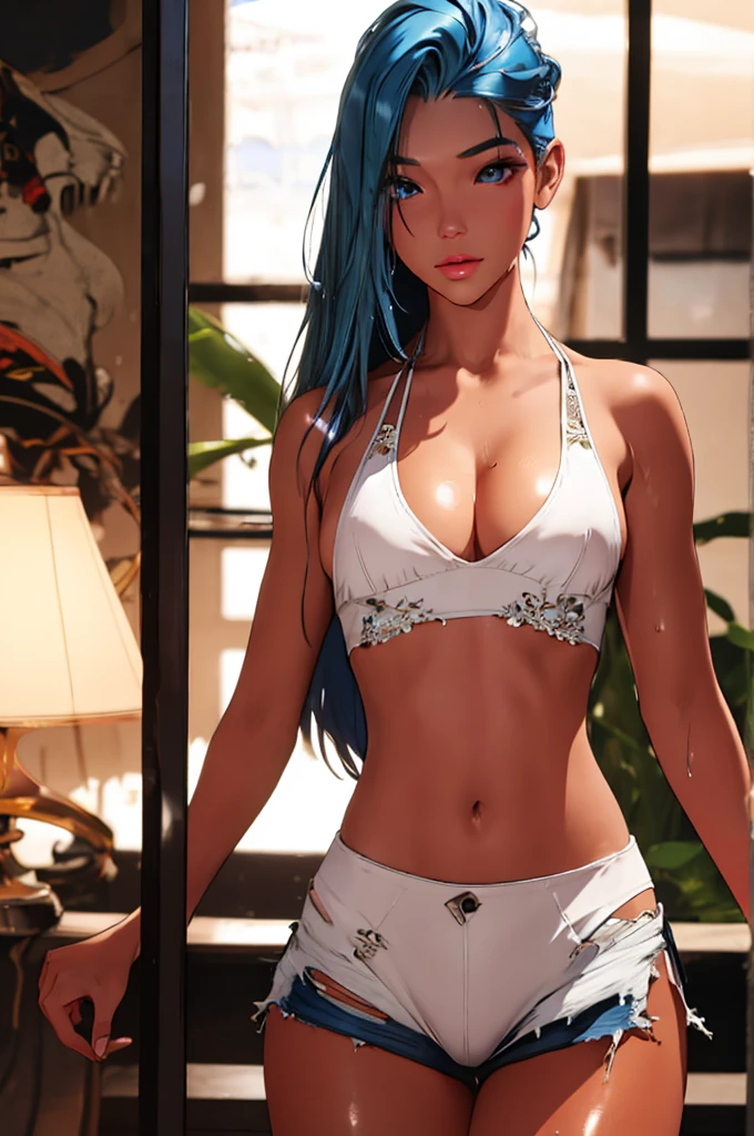 (best quality: 1.2), clean face, (masterpiece: 1.2, 8k)(PureErosFace_V1: 0.7), perfect anatomy, 1girl,a beautiful fashion model ,(masterpiece, official art, best quality) (wet skin, shiny skin) ,long and shiny hair, blue hair with streaks in hair, long hair, full lips, upturned nose , cleavage, looking at viewer, revealing outfit, absurdity, intricate details, , dynamic pose, club, dancing, , , (highly detailed skin: 1.2), wearing
 short shorts and a tight white top, cleavage, torn clothes, visible thong straps