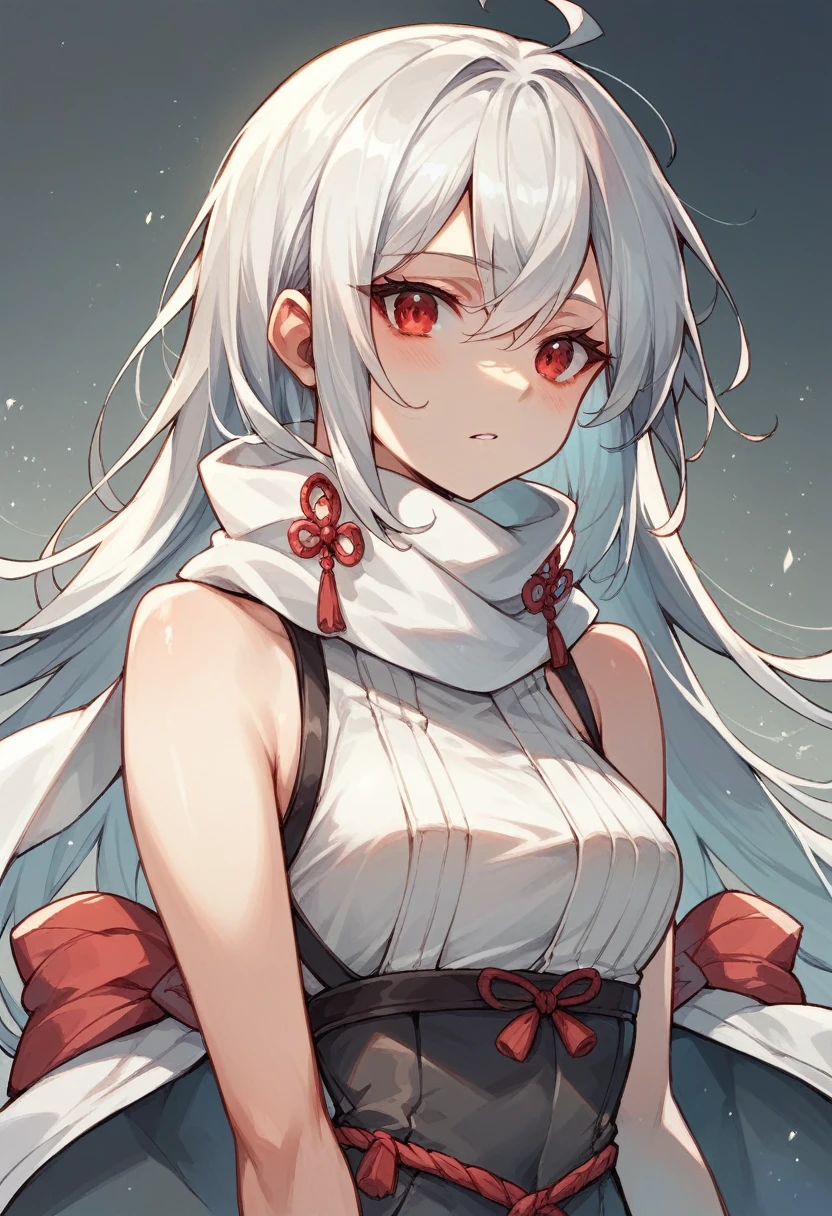 Japanese girl　Long white hair　Red eyes　Sleeveless clothing　White scarf　Has a sci-fi bow