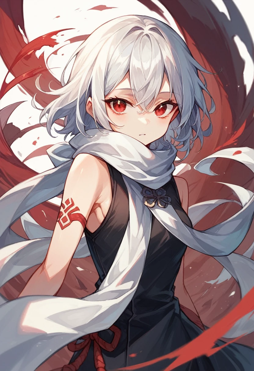 Japanese girl　Long white hair　Red eyes　Sleeveless clothing　White scarf　Has a sci-fi bow