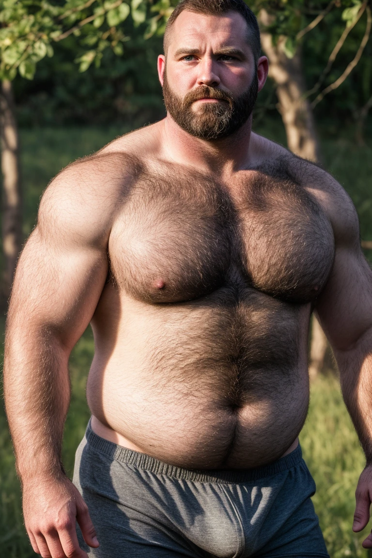 8KUHD HDR Very Extremely Realistic Very Detailed High Quality Create a professional studio-style Very Real photograph featuring a middle-aged daddy rugged muscle bears man , burly, very hairy, very beared big daddy muscle bear,  and very realistic detailed rugged burly man and his husband in boxer shorts. Very Realistic boxer shorts, very realistic detailed bulge, very realistic hair, very realistic beards, very realistic thick chubby neck, very realistic neck lines, very realistic detailed neck, very realistic belly, very realistic burly chest, very realistic detailed hairy burly strong chest and arms, very realistic detailed hairy burly strong chest and arms, very realistic pecs, very realistic burly muscle bear body, very realistic nipples, very realistic burly muscle bear body, very realistic face, very realistic detailed face, very realistic eyes, very realistic detailed eyes, very realistic pupils, very realistic detailed pupils, very realistic nose, very realistic ears, very realistic facial features, very realistic burly arms, very realistic elbows, very realistic hands, very realistic pecs, very realistic belly, very realistic human man body, very realistic bellybutton, very realistic wrists, very realistic fingers, very realistic fingernails, very realistic shoulders, very realistic mouth, very realistic lips, very realistic detailed skin, very realistic skin, very realistic mens clothing, very realistic detailed mens clothing. Very Realistic Hairy Bearded Burly Muscle bear Photoshoot, A very realistic burly muscle bear man in a Far, in a very realistic romantic and virile Farm scene. Very Realistic Intricately Detailed, Utilize all appropriate realistic lighting techniques for studio photography" very realistic detailed Farm surroundings, very realistic surroundings lighting, No Deformities, captured with a 85mm lens by a world famous photographer, Very Ultra Realistic and Very Realistic Photograph, Clear HDR Quality full with very realistic real details 