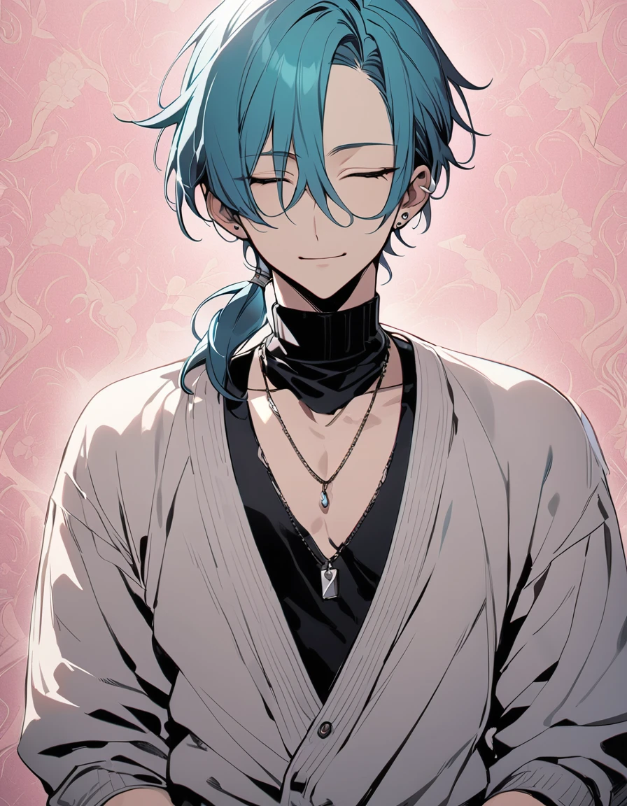 ((((best masterpiece, best quality, wallpaper,)))) solo, guy, male body, small muscles, flat chest, 1male, 30 years old, handsome man, upper body, looking at viewers, beautiful detailed, seductive smile, mediumturquoise hair, ((((Lower short ponytail)))), asymmetrical bangs, ((short hair,)) (((light smile, closed eyes, tareme, droopy eyes,))) (((perfect face,))) perfect hands, sharp nose, clear face, black turtleneck, grey cardigan, ((silver piercing, pendant,)) leggings, pink background color ultrasharp, 8K, masterpiece,