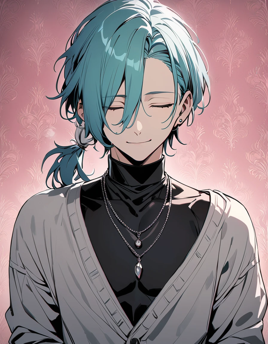 ((((best masterpiece, best quality, wallpaper,)))) solo, guy, male body, small muscles, flat chest, 1male, 30 years old, handsome man, upper body, looking at viewers, beautiful detailed, seductive smile, mediumturquoise hair, ((((Lower short ponytail)))), asymmetrical bangs, ((short hair,)) (((light smile, closed eyes, tareme, droopy eyes,))) (((perfect face,))) perfect hands, sharp nose, clear face, black turtleneck, grey cardigan, ((silver piercing, pendant,)) leggings, pink background color ultrasharp, 8K, masterpiece,