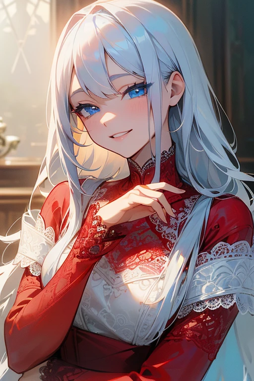 (masterpiece: 1.2, Highest quality), (Actual Photos, Intricate details), 1. woman, alone, Upper Body, casual, Shoulder-length hair, Minimal makeup, Natural materials, Face close-up, smile, Home, Long white hair、blue eyes, Shoulder Bare、Smiling with teeth showing、((Red lace outfit)).((Blue eyes)).