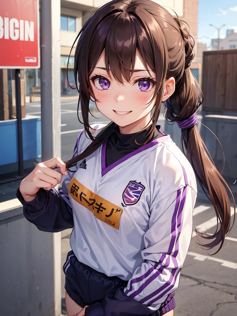girl, brown hair tied in two, purple eyes, wear uniform, her hair is tied. strong girl, smile glare, intrepid, sports uniform, domination type, her hair is tied in two ponytails, girl who loves sports, intrepid