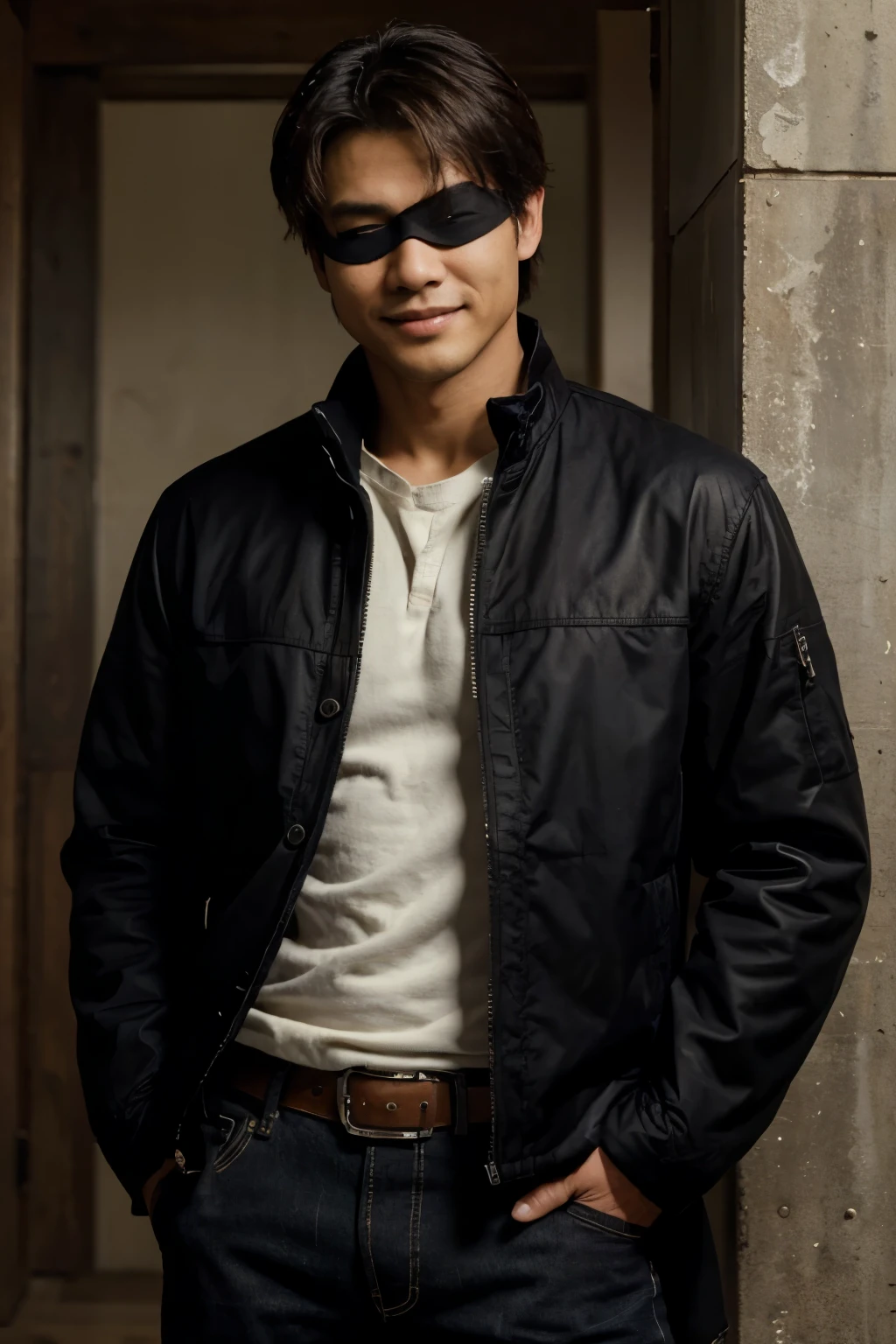 (masterpiece, best quality:1.2), cowboy shot, solo, male focus, 1boy, gojo satoru, smile, hands in pockets, blindfold, black jacket