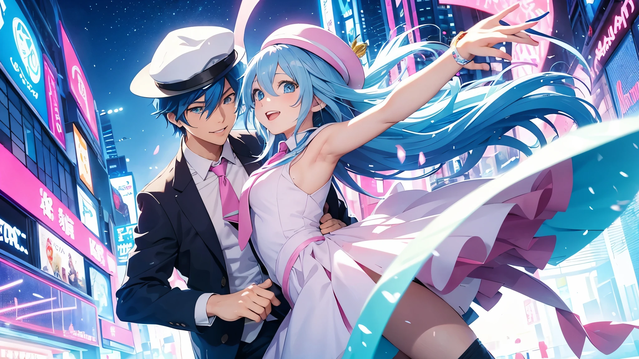 Anime style illustration with a vibrant city background similar to Shibuya. The main characters are a girl with long blue hair and blue eyes wearing a  with a pink tie, and a boy with short blue hair wearing a white suit and hat. In this image, the boy and girl are holding hands and dancing together, both smiling brightly. The background remains colorful with musical notes floating around.