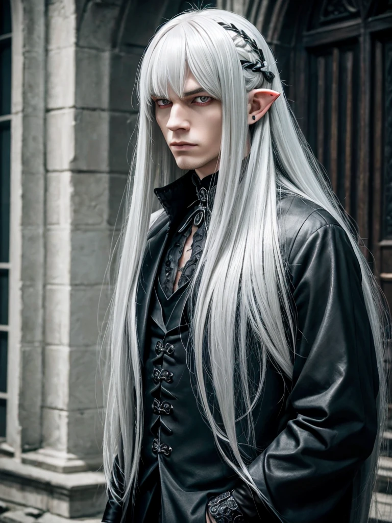 (best quality), 1boy, Male, 30 years old, pale skin, silver hair, long hair, straight hair, parted bangs, red eyes, perfect eyes, pointed ears, gothic clothes, muscular, handsome, broad, masculine, smug expression, masterpiece, anatomically correct, highres
