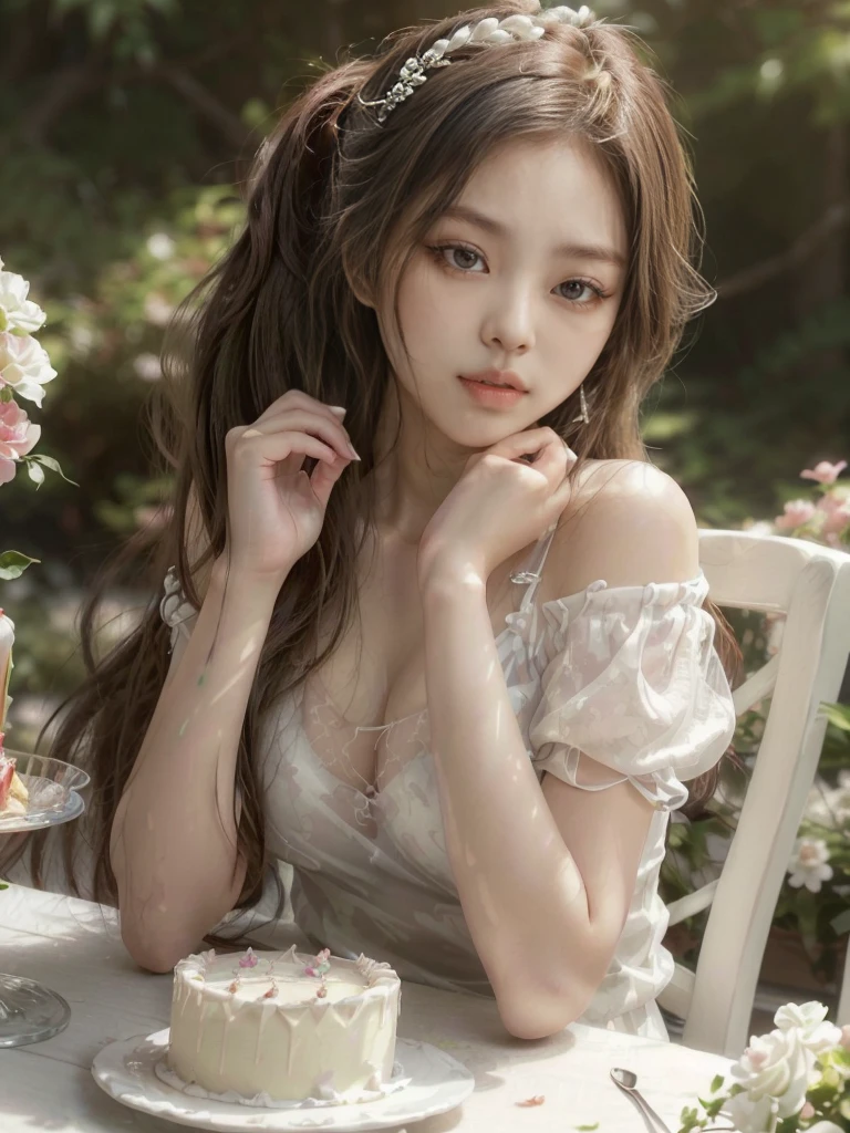 Sexy Kim Jennie with big breasts and transparent plunging neckline sitting at a table with a cake and a spoon in her hand, long hair tied in a ponytail, young and cute girl, a stunning young ethereal figure, cute young girl, ulzzang, Beautiful young, ethereal beauty, a cute young woman, cute young woman, white hime cut hairstyle, korean girl, with long hair and piercing eyes, realistic painting cute girl, beautiful delicate face