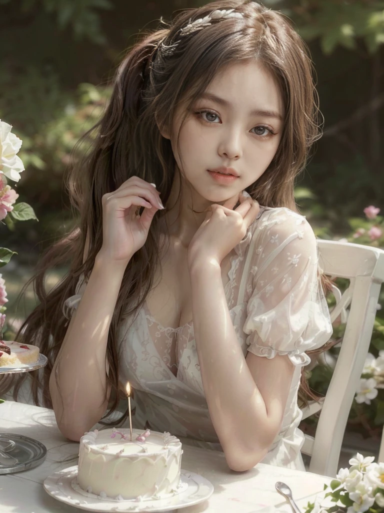 Sexy Kim Jennie with big breasts and transparent plunging neckline sitting at a table with a cake and a spoon in her hand, long hair tied in a ponytail, young and cute girl, a stunning young ethereal figure, cute young girl, ulzzang, Beautiful young, ethereal beauty, a cute young woman, cute young woman, white hime cut hairstyle, korean girl, with long hair and piercing eyes, realistic painting cute girl, beautiful delicate face
