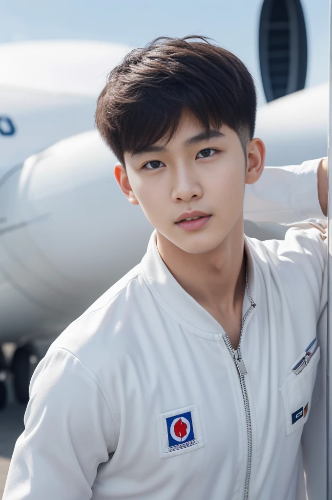 Young Korean man in a white flight suit, close up airplane background, Detailed background, inch details, Take the whole body, Quiv haircut, Look at the camera, Detailed parts of the face, Manly, Active Boy, Freestyle moves, happy expression, perfect anatomy, Symmetrical body, Asia boy 19 years old, Highly detailed, Asia, realistic, human skin, short hairstyle, handsome chad chin, handsome, Be a man, charming, human skin, (Make eye contact), handsome, charming