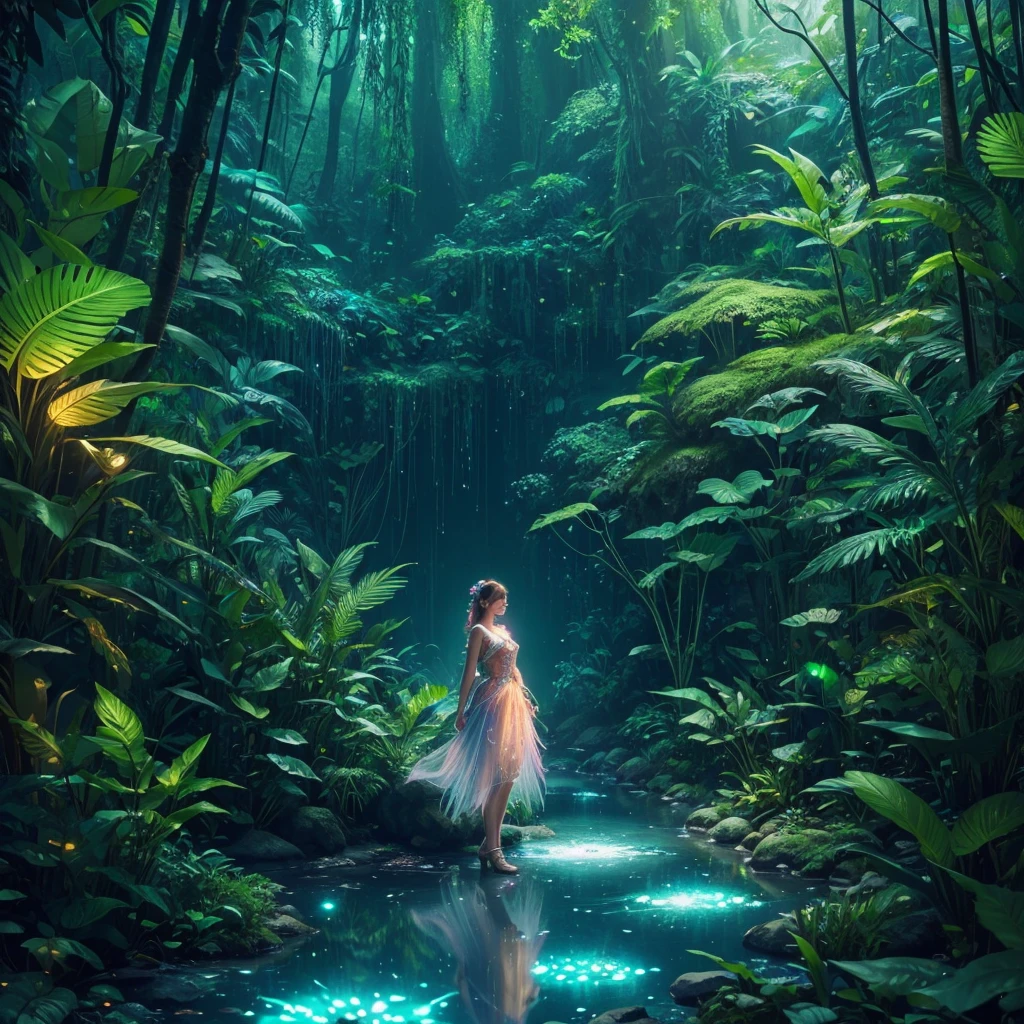 beautiful detailed girl in fairy dress, neon-lit jungle, glowing flora and fauna, trees as circuit boards, rivers of liquid light, 8k, photorealistic, cinematic lighting, vibrant colors, fantasy, surreal, magical