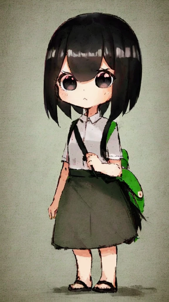 A girl, short black hair, dark eyes, wearing white shirt, a long green pencil skirt, a pink backpack, clear forehead, small, chibi, big eyes, cute