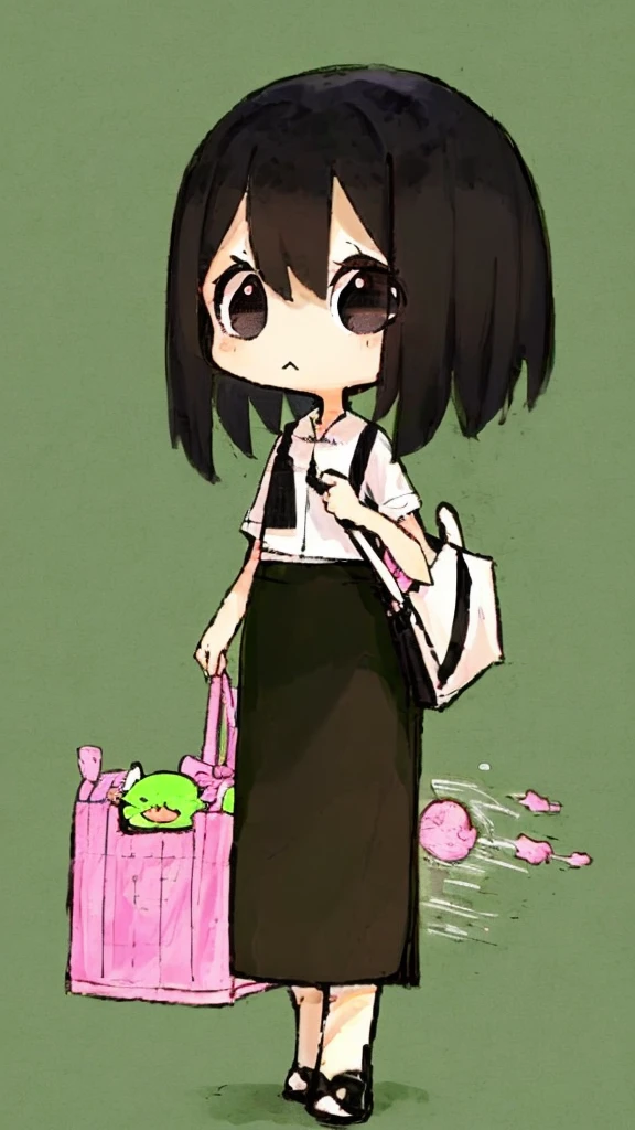 A girl, short black hair, dark eyes, wearing white shirt, a long green pencil skirt, a pink backpack, clear forehead, small, chibi, big eyes, cute
